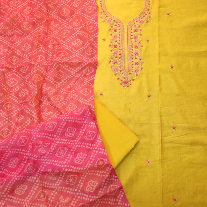 Roheen Bright Yellow Zari Embellished Neck with Thread Buti Chanderi Suit Set