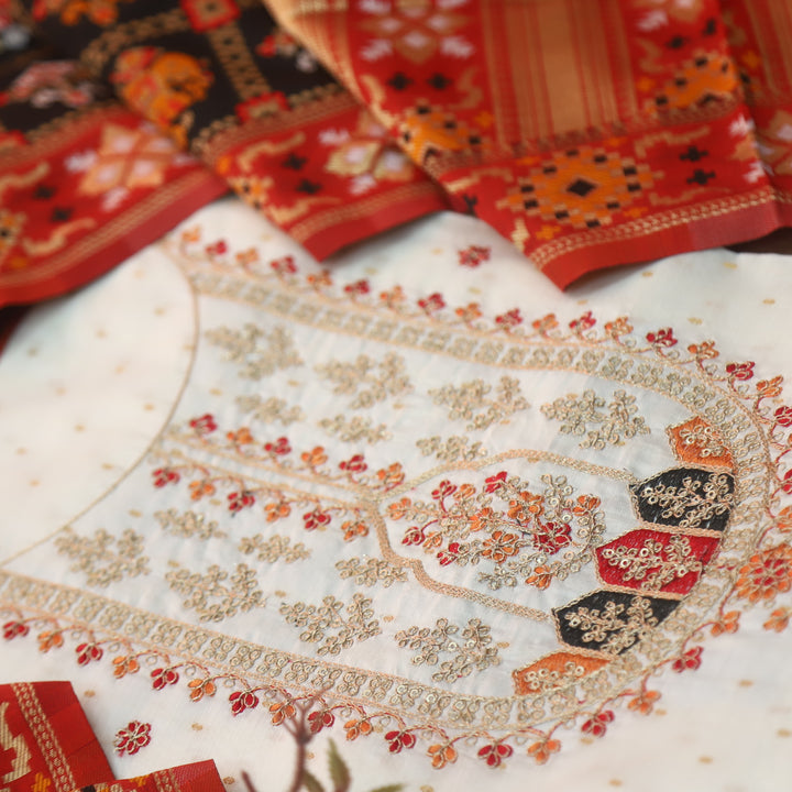 Roheen Pearl White Zari Embellished Neck with Zari Weaved Chanderi Suit Set