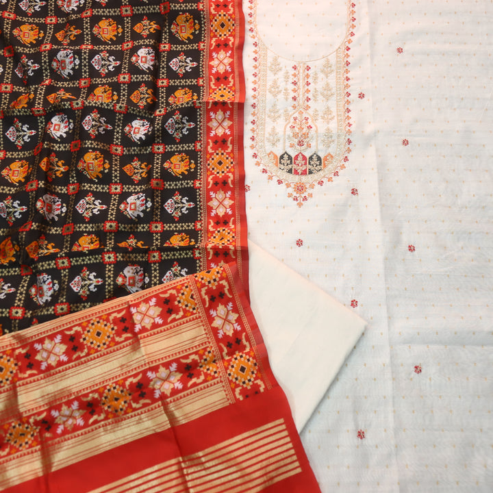 Roheen Pearl White Zari Embellished Neck with Zari Weaved Chanderi Suit Set