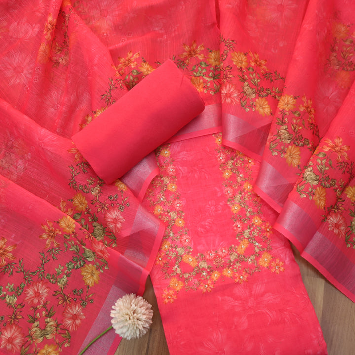 Beliya Bright Pink Moti woth Spiral Detailing Floral Printed Cotton Linen Suit Set