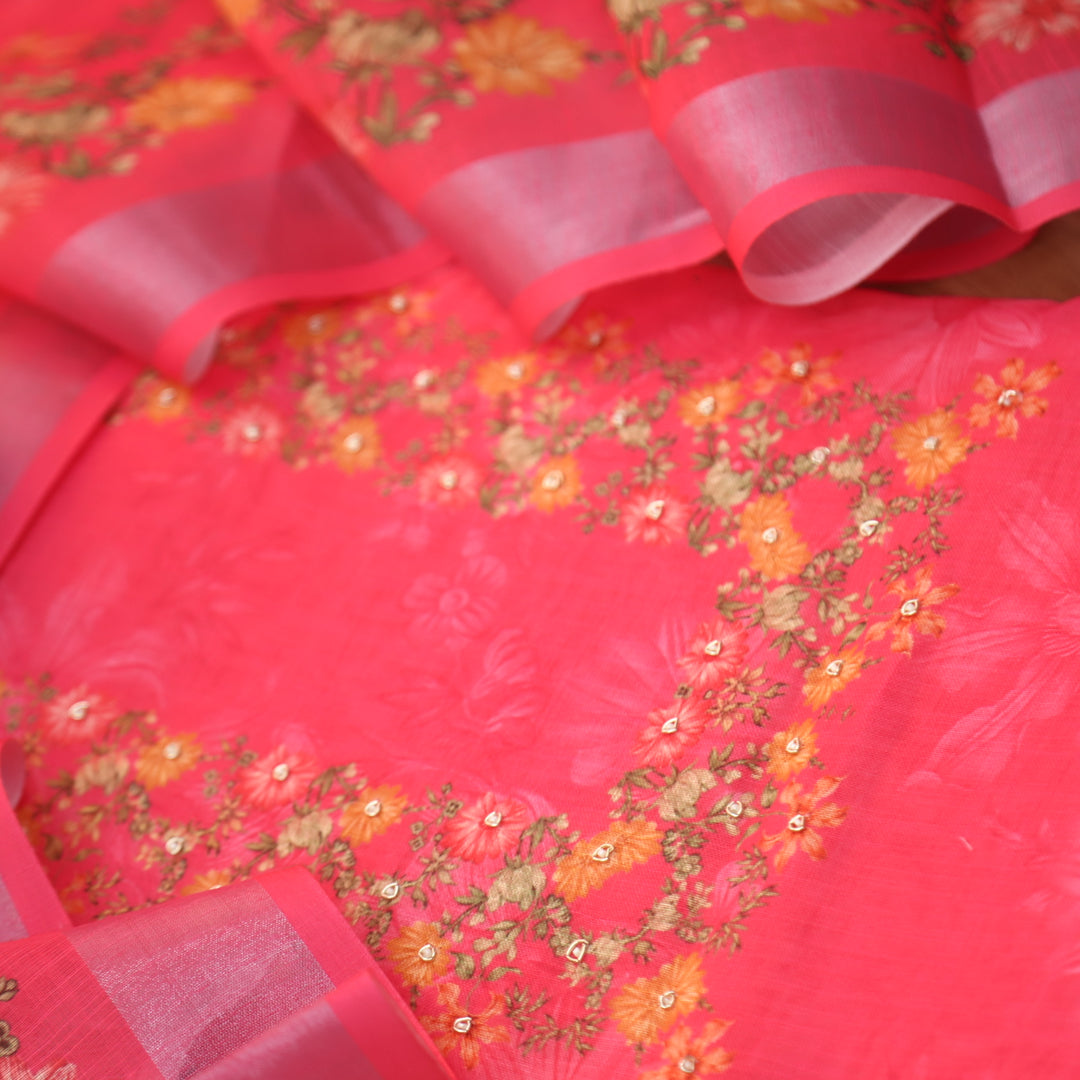 Beliya Bright Pink Moti woth Spiral Detailing Floral Printed Cotton Linen Suit Set