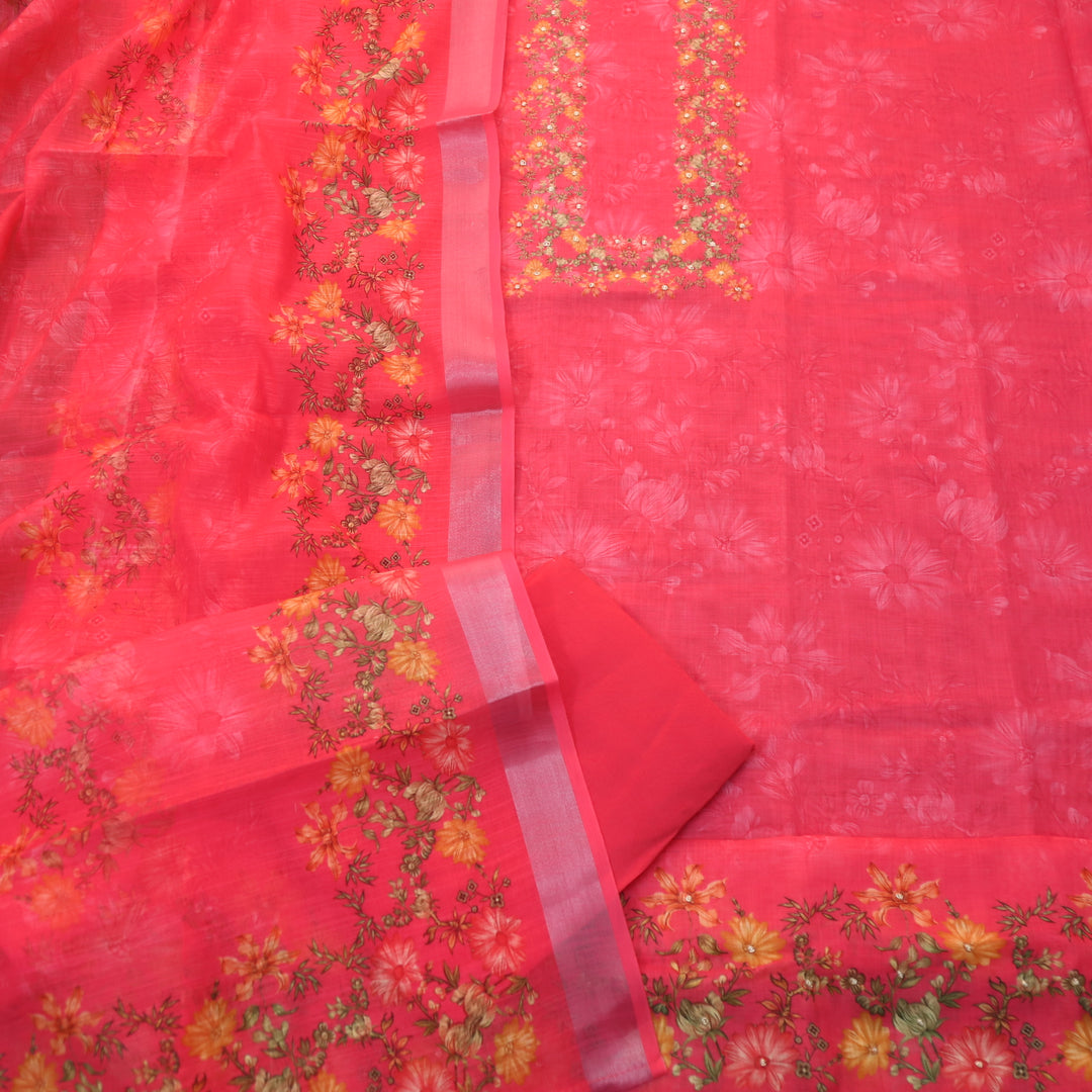 Beliya Bright Pink Moti woth Spiral Detailing Floral Printed Cotton Linen Suit Set