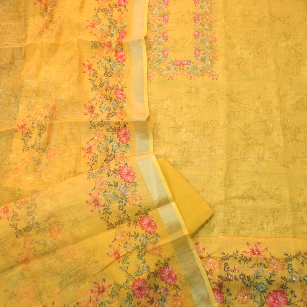 Beliya Turmeric Yellow Moti woth Spiral Detailing Floral Printed Cotton Linen Suit Set