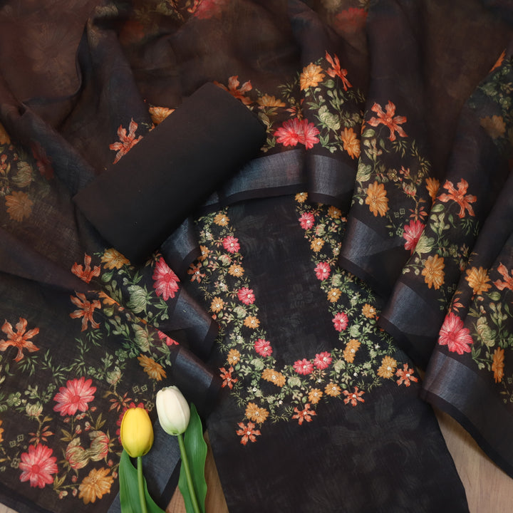 Beliya Ebony Black Moti woth Spiral Detailing Floral Printed Cotton Linen Suit Set