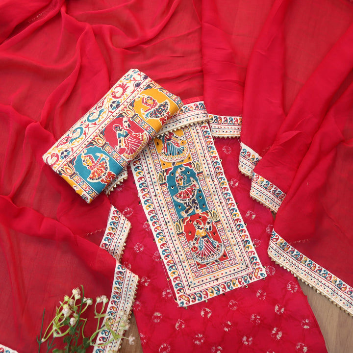 Kaash Rani Pink Garba Print Neck Patch with Spiral Bandhej Print Jam Cotton Set