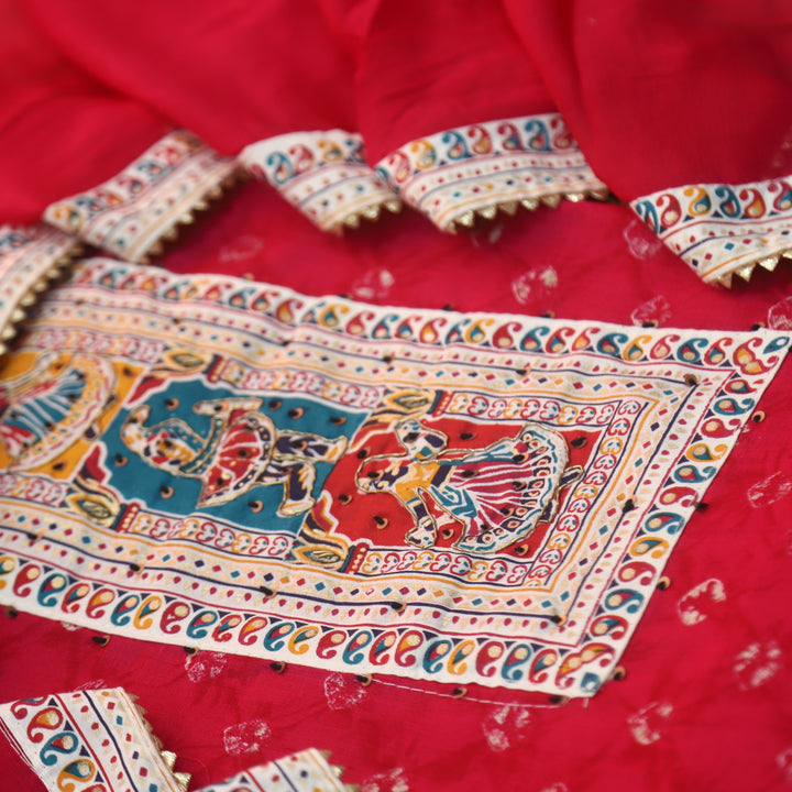 Kaash Rani Pink Garba Print Neck Patch with Spiral Bandhej Print Jam Cotton Set