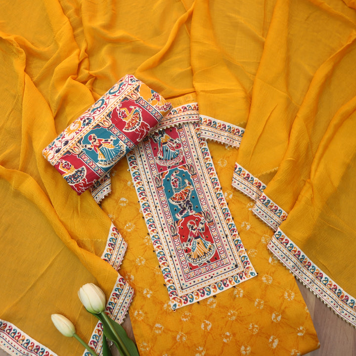 Kaash Dijon Yellow Garba Print Neck Patch with Spiral Bandhej Print Jam Cotton Set