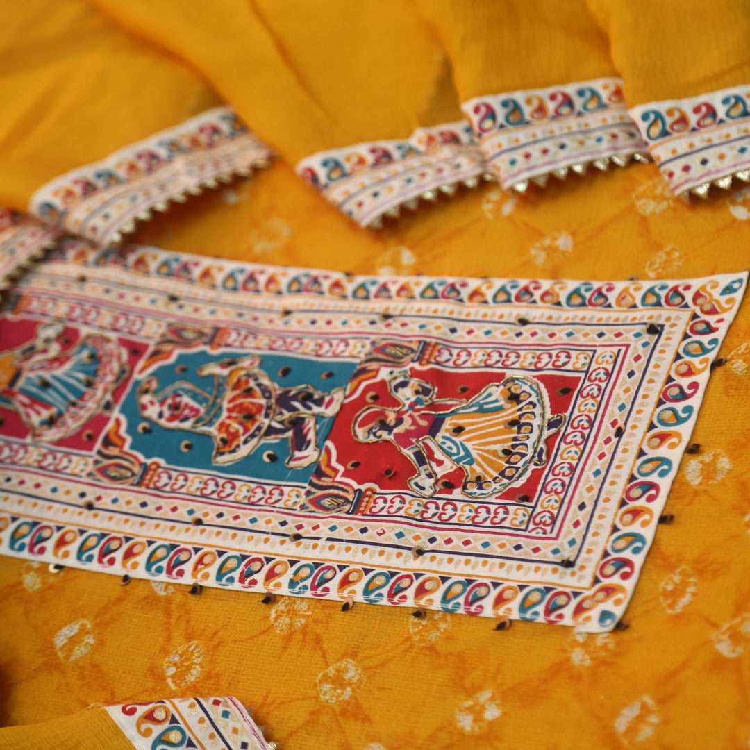 Kaash Dijon Yellow Garba Print Neck Patch with Spiral Bandhej Print Jam Cotton Set