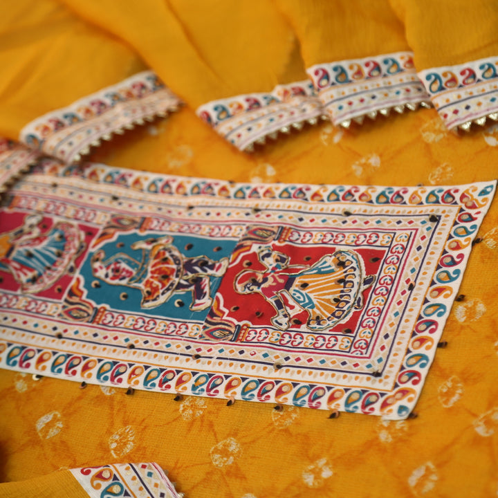 Kaash Dijon Yellow Garba Print Neck Patch with Spiral Bandhej Print Jam Cotton Set
