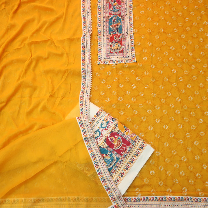 Kaash Dijon Yellow Garba Print Neck Patch with Spiral Bandhej Print Jam Cotton Set