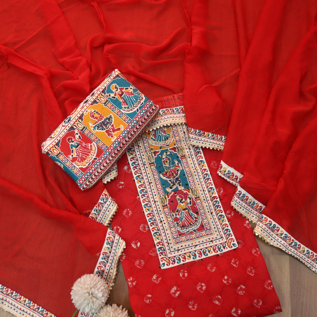 Kaash Maya Red Garba Print Neck Patch with Spiral Bandhej Print Jam Cotton Set