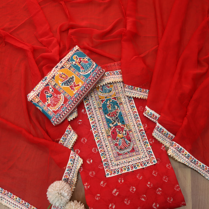 Kaash Maya Red Garba Print Neck Patch with Spiral Bandhej Print Jam Cotton Set