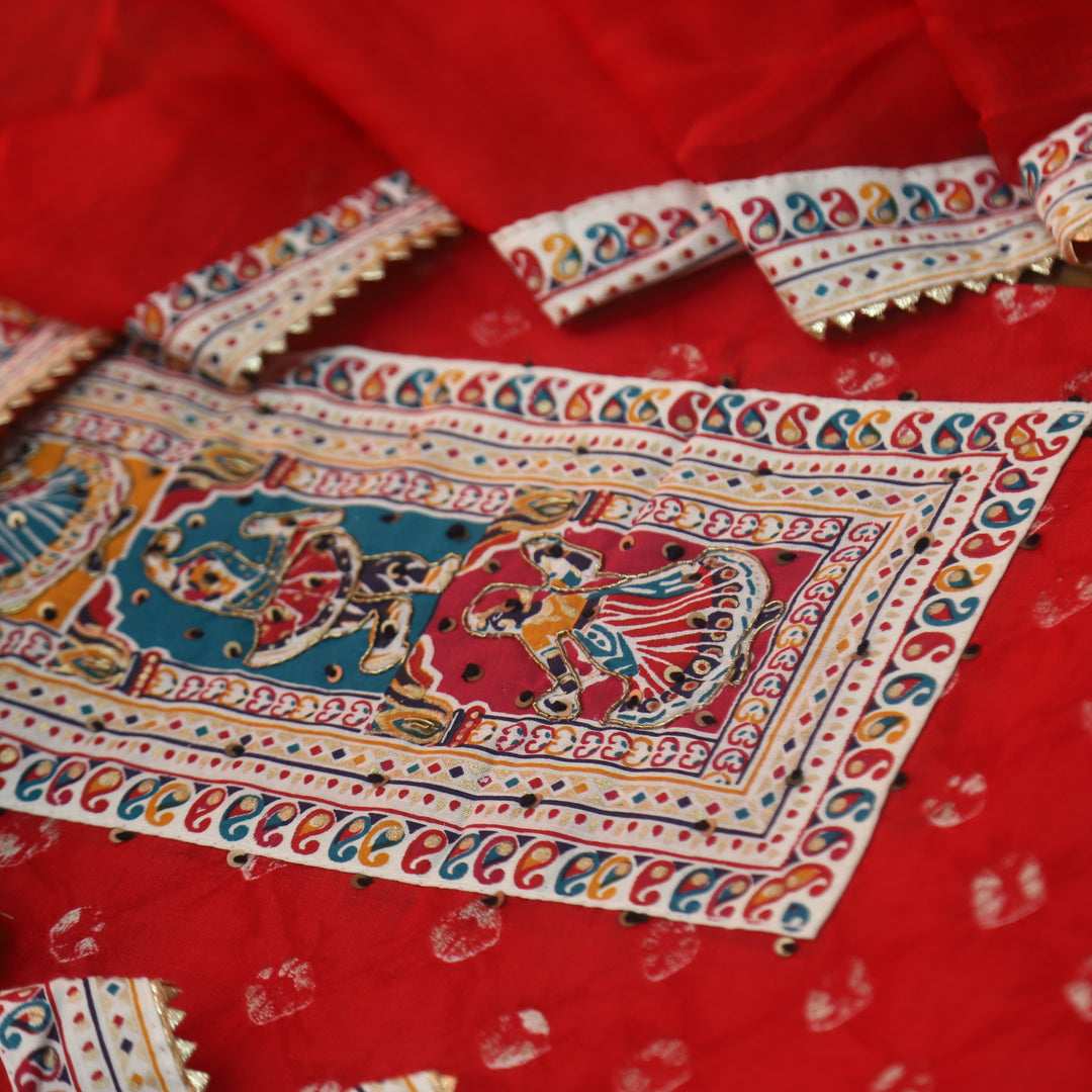 Kaash Maya Red Garba Print Neck Patch with Spiral Bandhej Print Jam Cotton Set