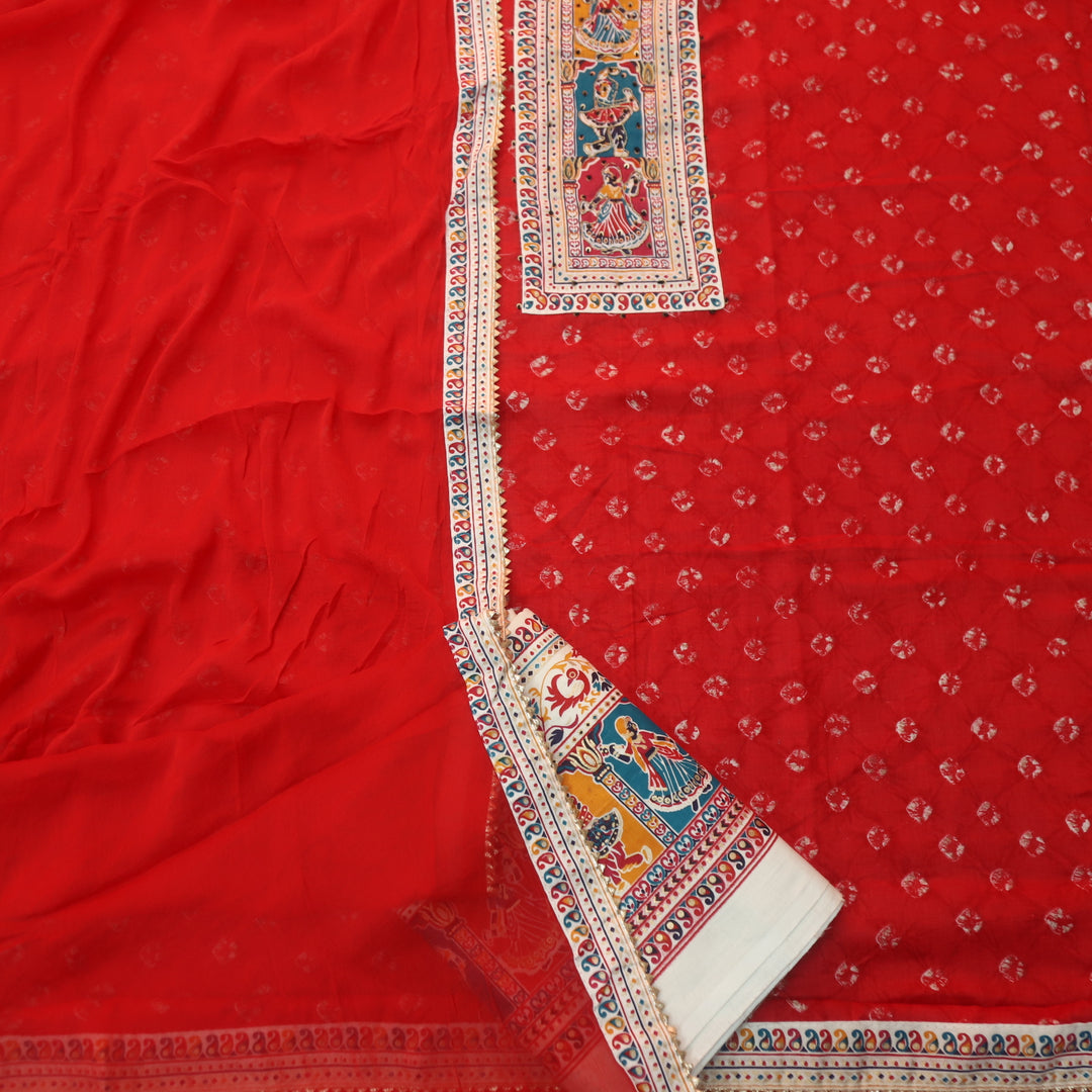 Kaash Maya Red Garba Print Neck Patch with Spiral Bandhej Print Jam Cotton Set