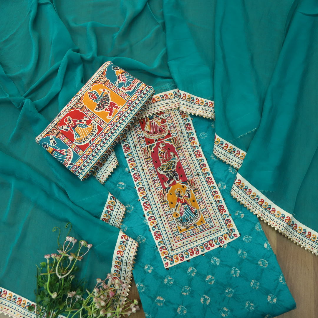 Kaash Cyan Teal Garba Print Neck Patch with Spiral Bandhej Print Jam Cotton Set