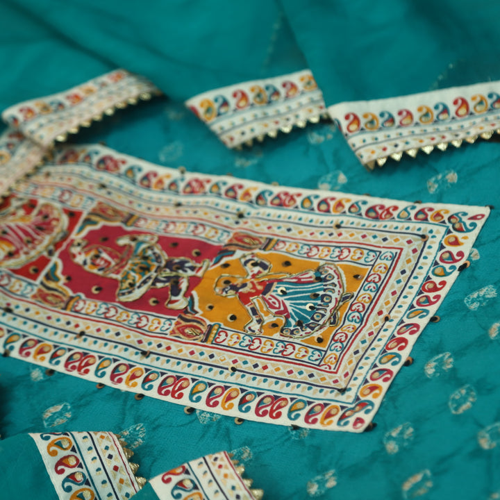 Kaash Cyan Teal Garba Print Neck Patch with Spiral Bandhej Print Jam Cotton Set