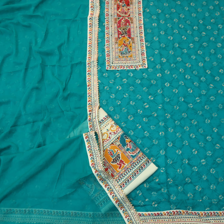 Kaash Cyan Teal Garba Print Neck Patch with Spiral Bandhej Print Jam Cotton Set