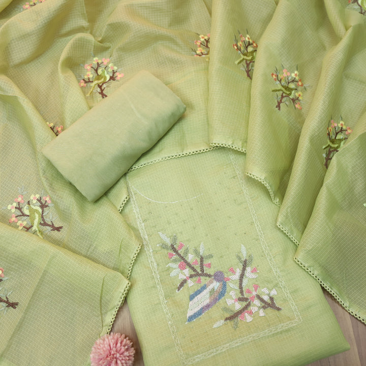 Haseen Mantis Green Floral Style Moti Work Neck Kota Doriya Suit Set
