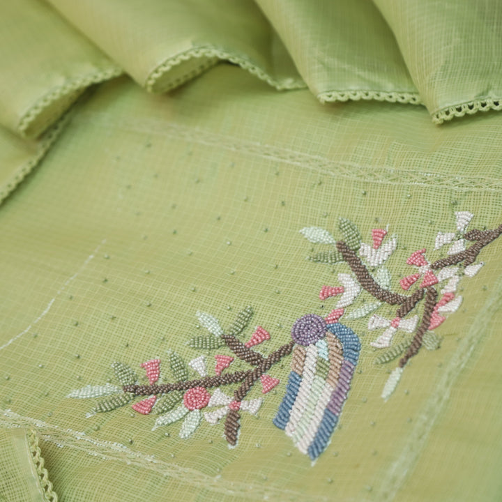 Haseen Mantis Green Floral Style Moti Work Neck Kota Doriya Suit Set