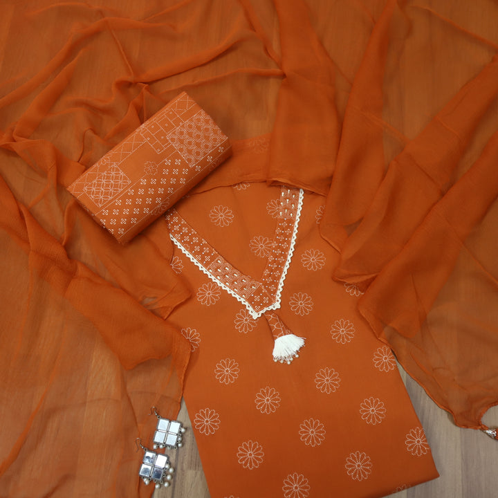 Fanaa Rust Orange Hanging Detailing Work V Neck Lace Floral Print Cotton Set