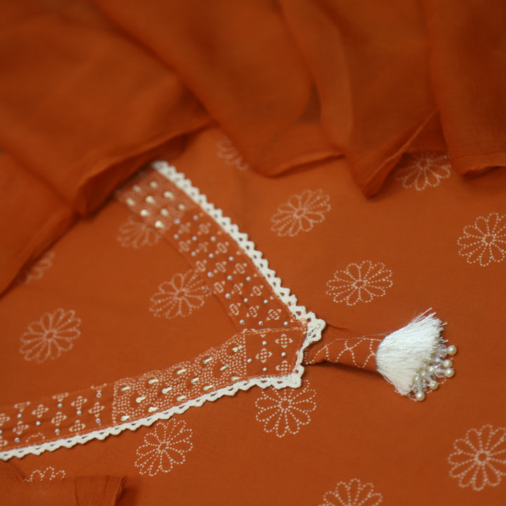 Fanaa Rust Orange Hanging Detailing Work V Neck Lace Floral Print Cotton Set