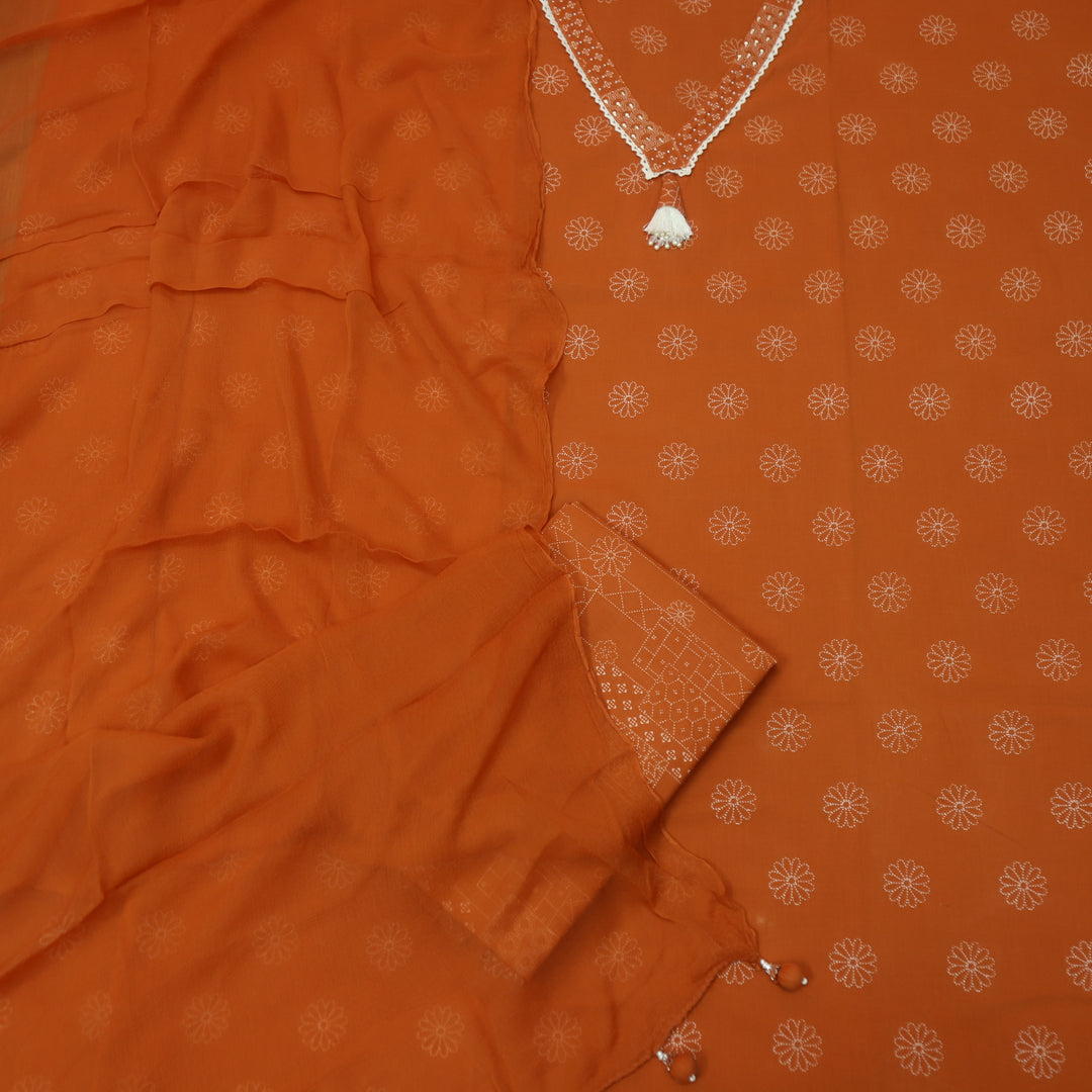 Fanaa Rust Orange Hanging Detailing Work V Neck Lace Floral Print Cotton Set