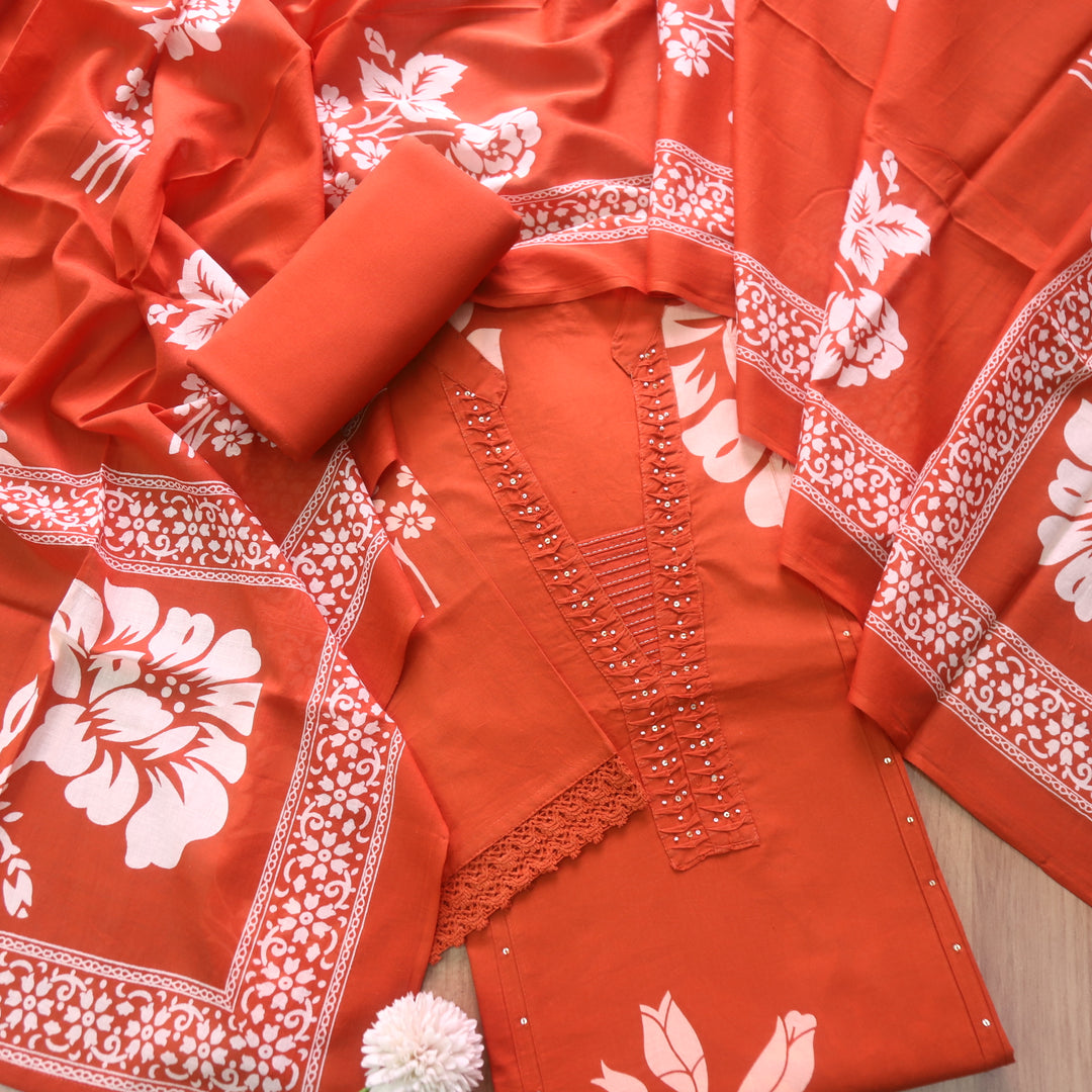 Rivaish Rust Orange Moti Work Neck with Pintuck Floral Printed Cotton Suit Set