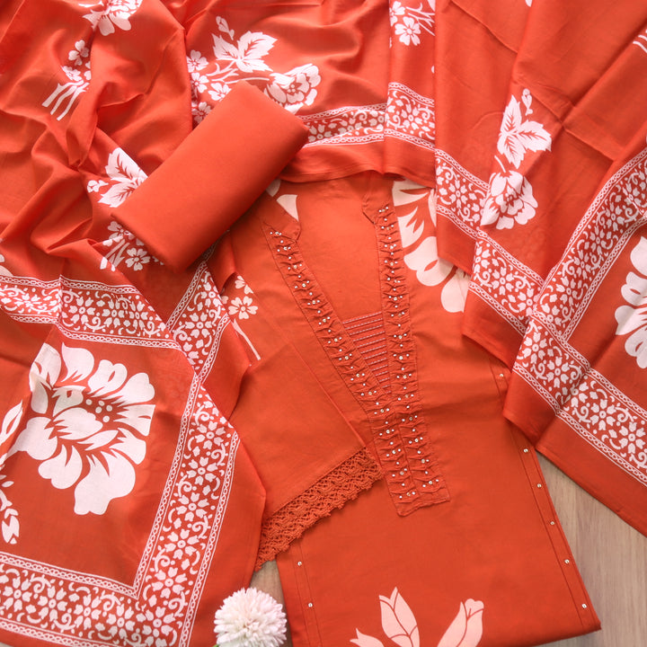 Rivaish Rust Orange Moti Work Neck with Pintuck Floral Printed Cotton Suit Set