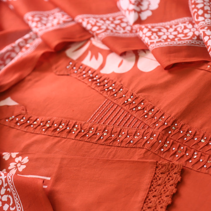 Rivaish Rust Orange Moti Work Neck with Pintuck Floral Printed Cotton Suit Set
