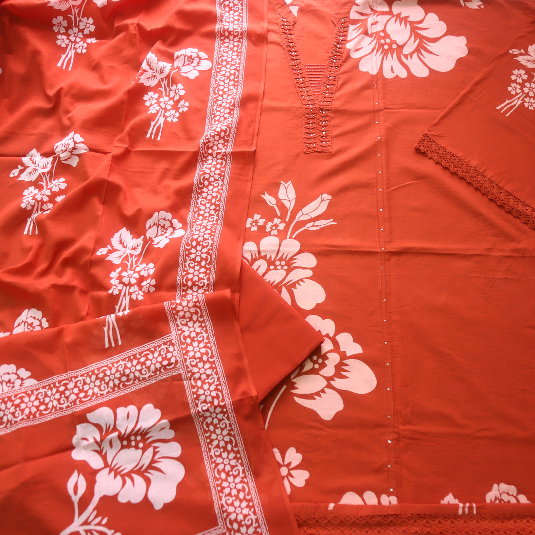 Rivaish Rust Orange Moti Work Neck with Pintuck Floral Printed Cotton Suit Set