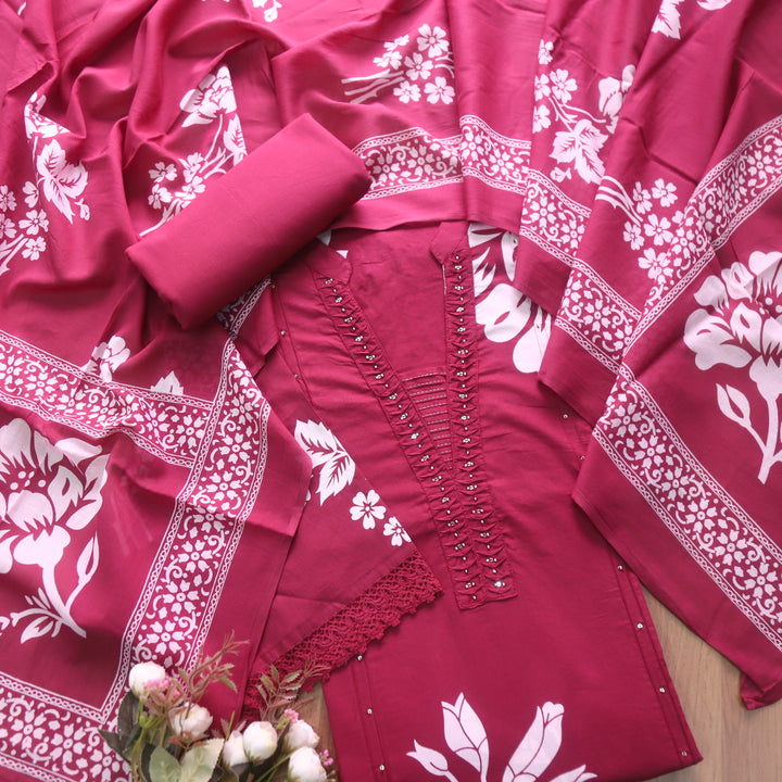 Rivaish Mulberry Plum Moti Work Neck with Pintuck Floral Printed Cotton Suit Set