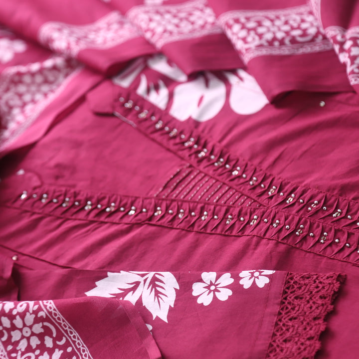 Rivaish Mulberry Plum Moti Work Neck with Pintuck Floral Printed Cotton Suit Set
