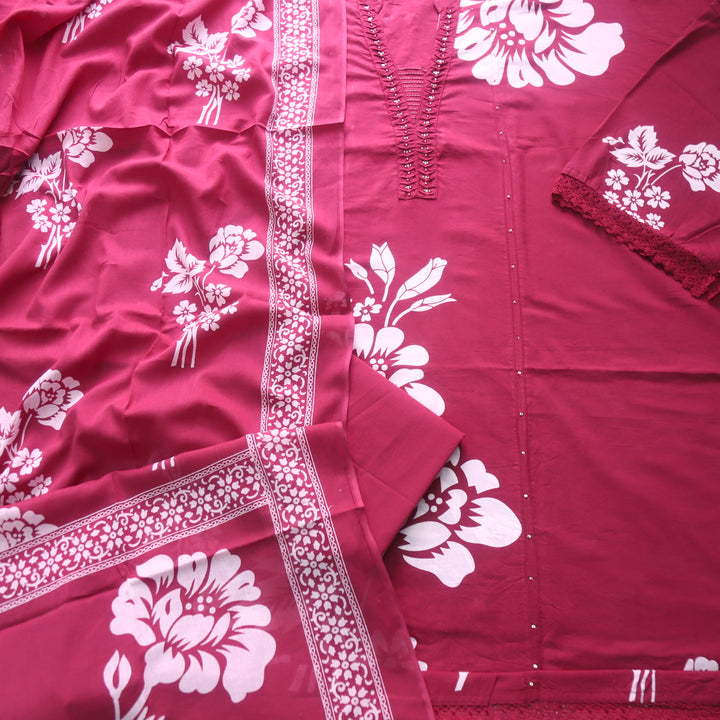 Rivaish Mulberry Plum Moti Work Neck with Pintuck Floral Printed Cotton Suit Set