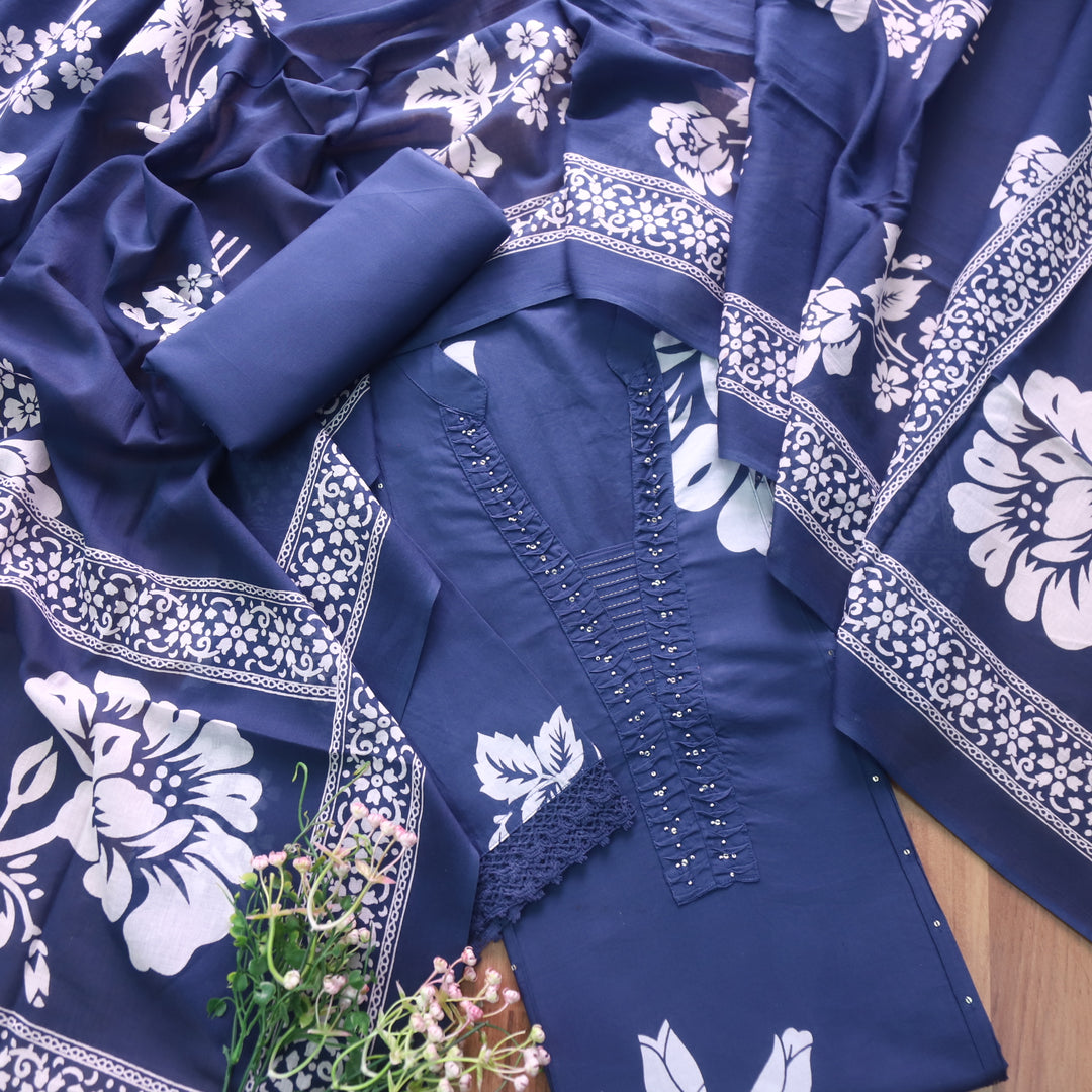 Rivaish Royal Blue Moti Work Neck with Pintuck Floral Printed Cotton Suit Set