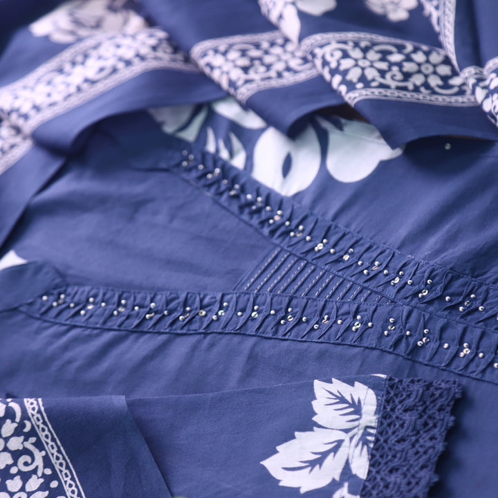Rivaish Royal Blue Moti Work Neck with Pintuck Floral Printed Cotton Suit Set
