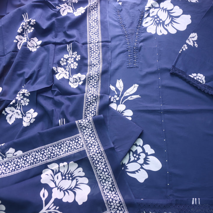 Rivaish Royal Blue Moti Work Neck with Pintuck Floral Printed Cotton Suit Set