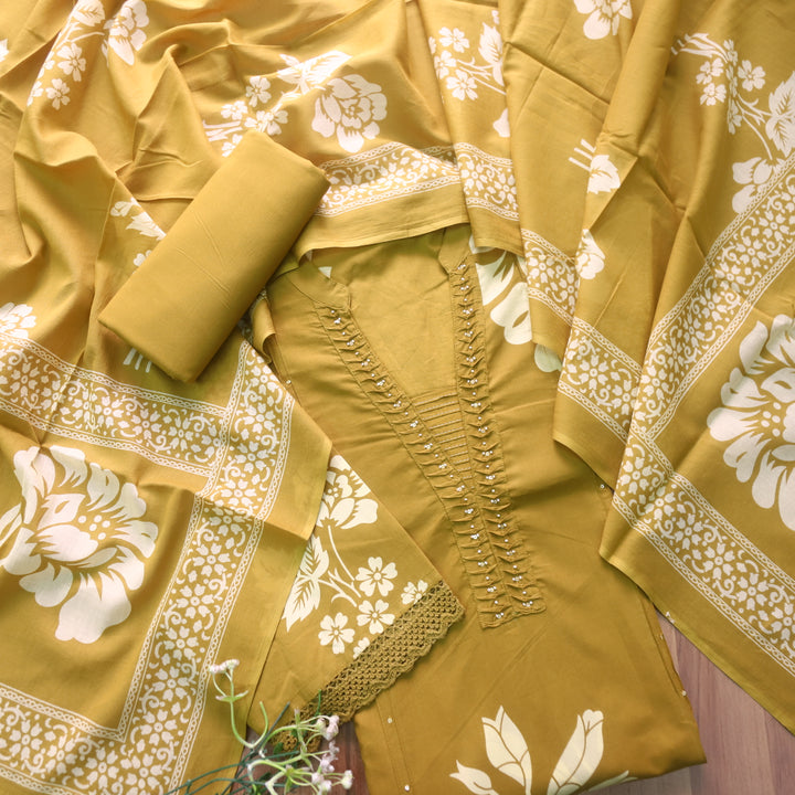 Rivaish Peanut Yellow Moti Work Neck with Pintuck Floral Printed Cotton Suit Set