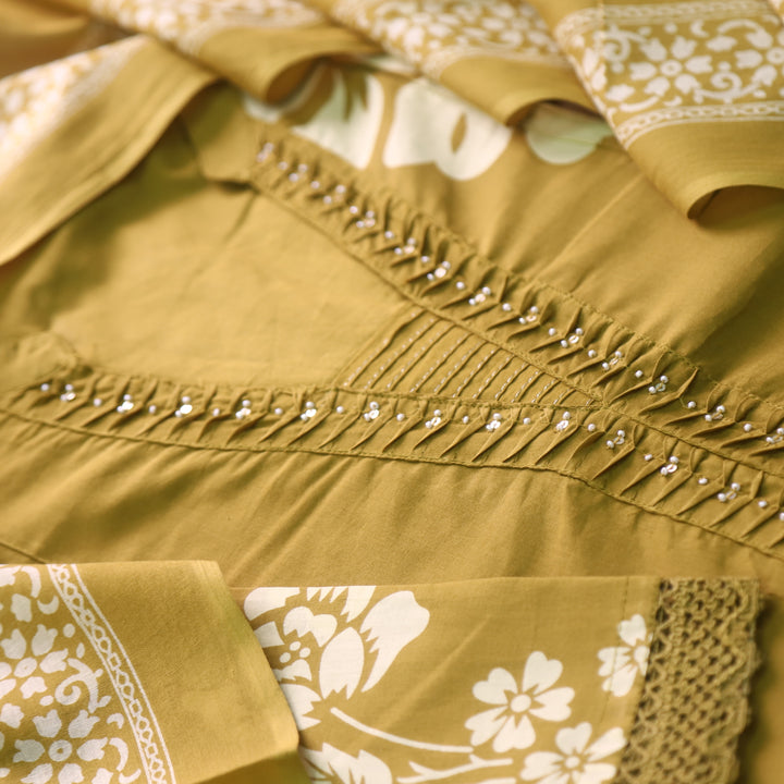 Rivaish Peanut Yellow Moti Work Neck with Pintuck Floral Printed Cotton Suit Set