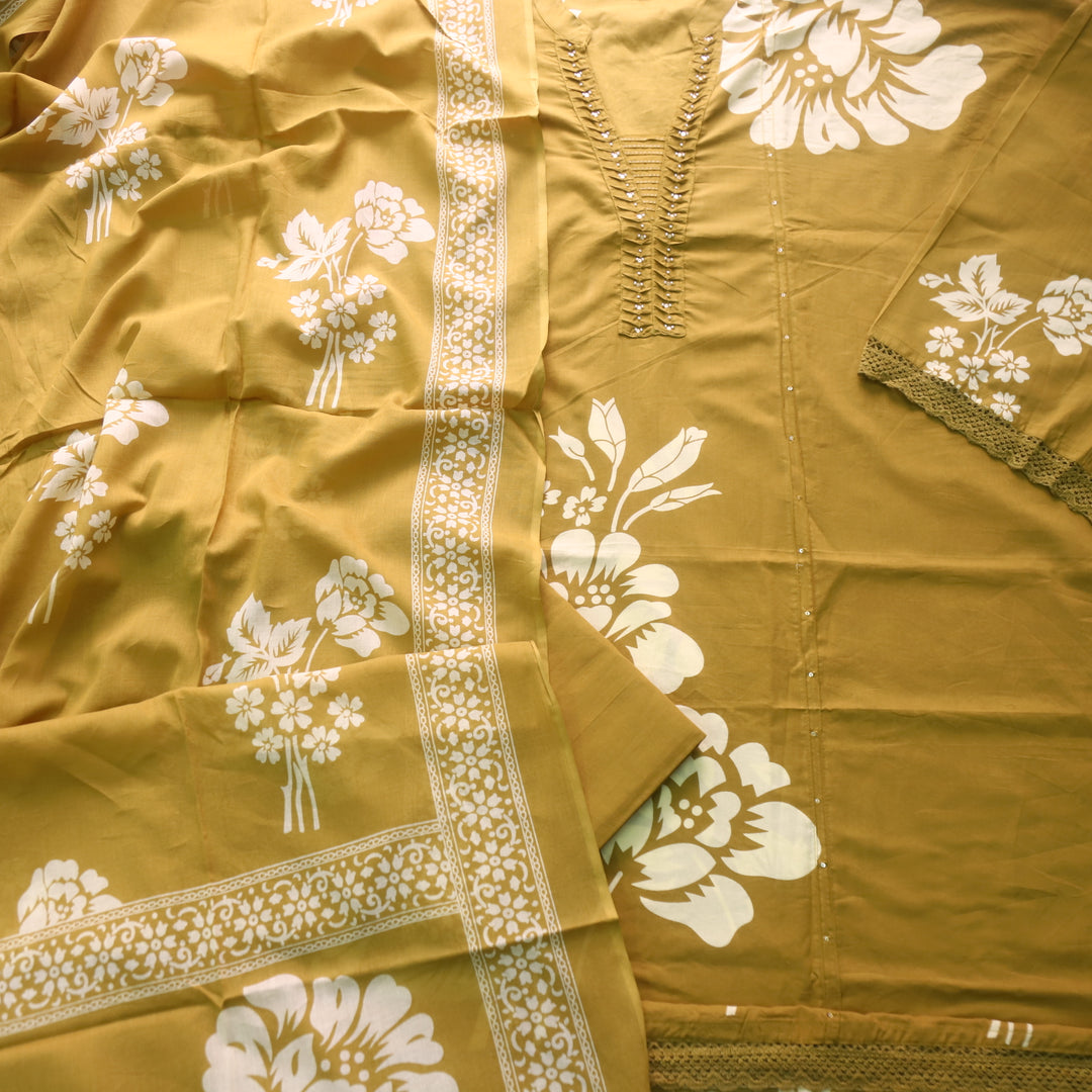 Rivaish Peanut Yellow Moti Work Neck with Pintuck Floral Printed Cotton Suit Set