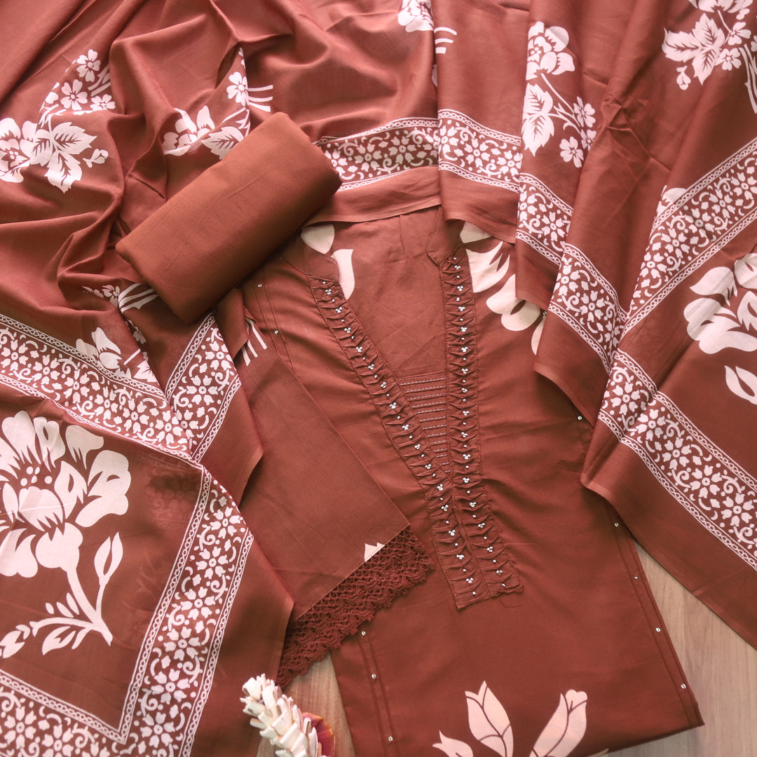 Rivaish Chocolate Brown Moti Work Neck with Pintuck Floral Printed Cotton Suit Set
