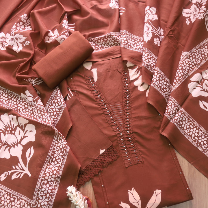 Rivaish Chocolate Brown Moti Work Neck with Pintuck Floral Printed Cotton Suit Set