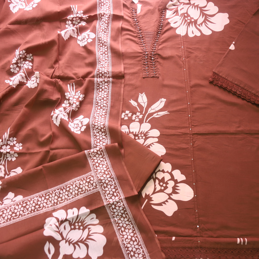 Rivaish Chocolate Brown Moti Work Neck with Pintuck Floral Printed Cotton Suit Set