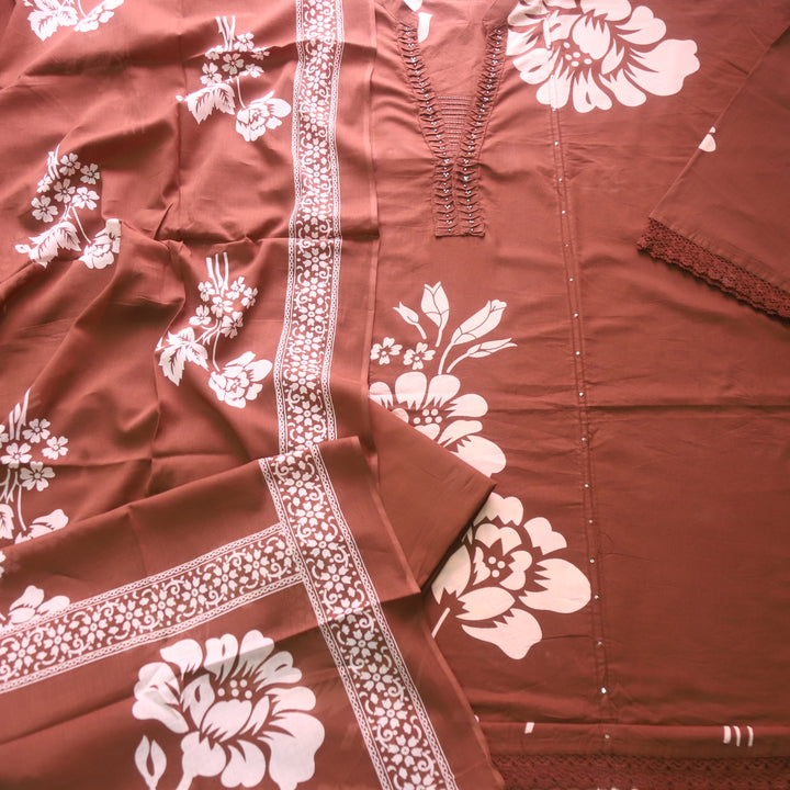 Rivaish Chocolate Brown Moti Work Neck with Pintuck Floral Printed Cotton Suit Set
