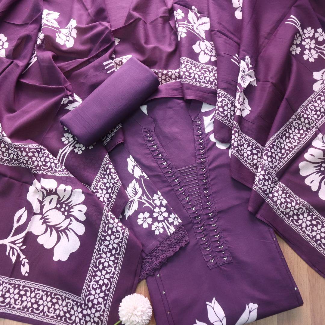 Rivaish Eggplant Purple Moti Work Neck with Pintuck Floral Printed Cotton Suit Set