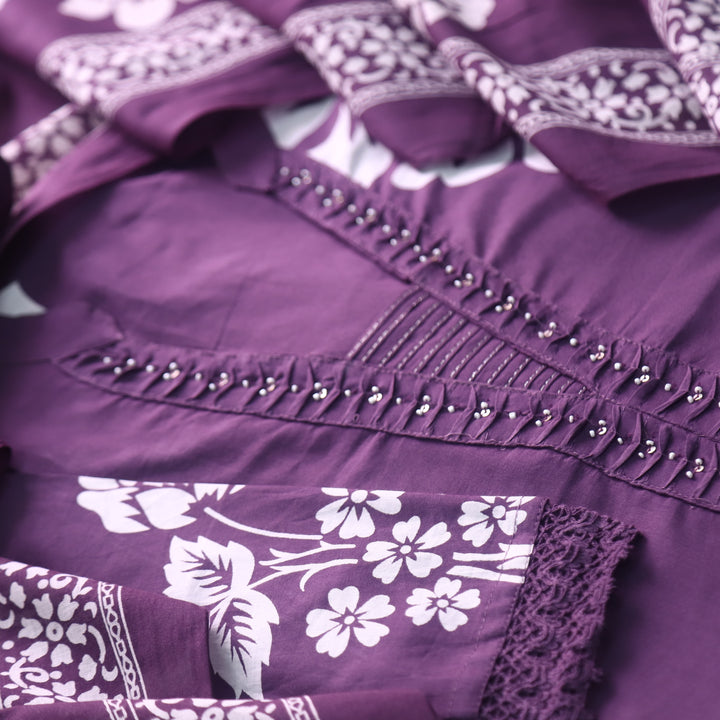 Rivaish Eggplant Purple Moti Work Neck with Pintuck Floral Printed Cotton Suit Set