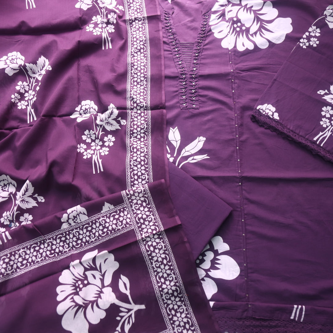 Rivaish Eggplant Purple Moti Work Neck with Pintuck Floral Printed Cotton Suit Set