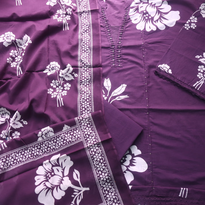 Rivaish Eggplant Purple Moti Work Neck with Pintuck Floral Printed Cotton Suit Set