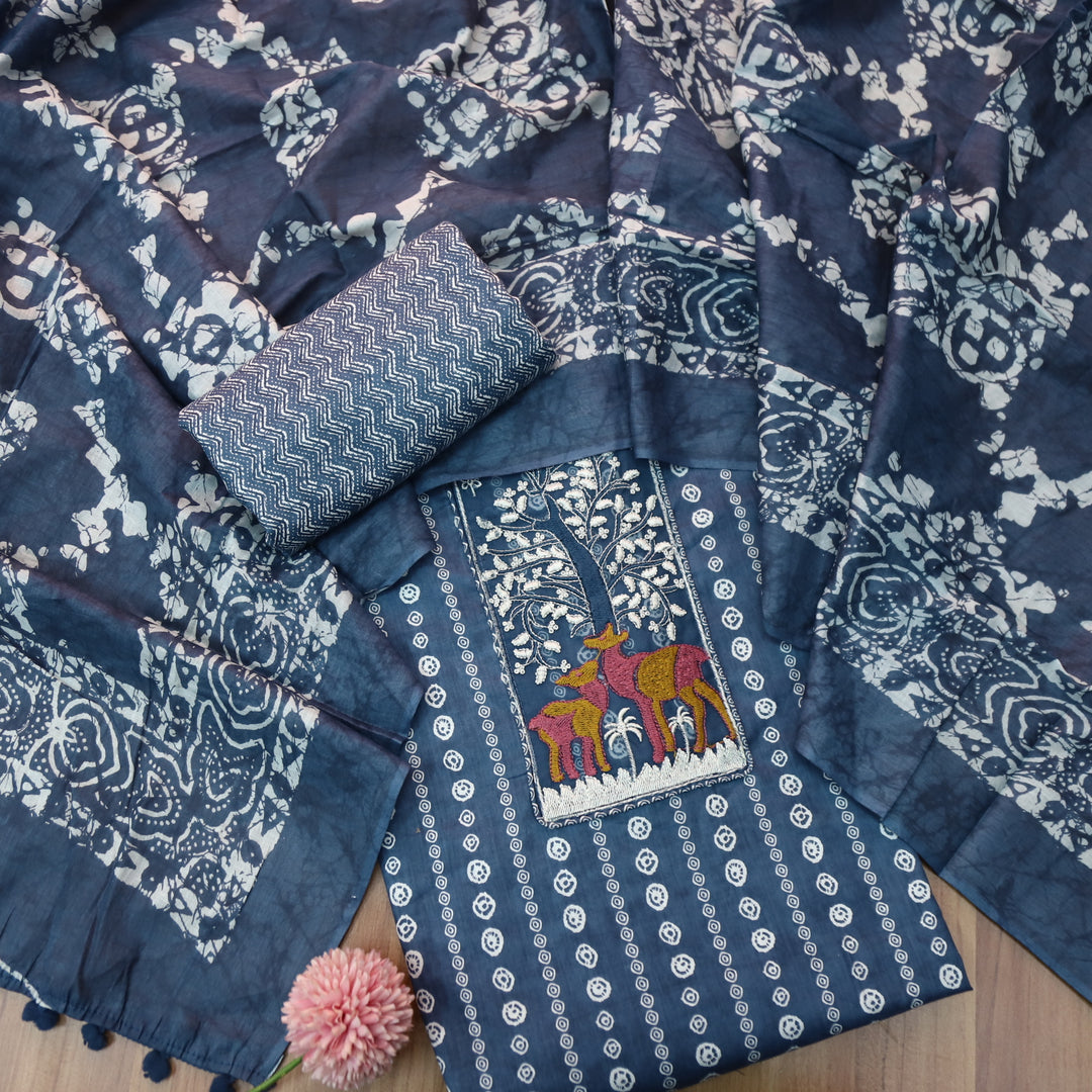 Saajna Royal Blue Organza Deer Embroidery Patch Printed Cotton Suit Set