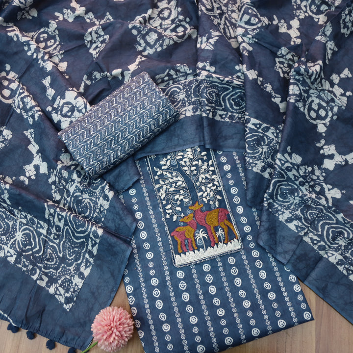 Saajna Royal Blue Organza Deer Embroidery Patch Printed Cotton Suit Set