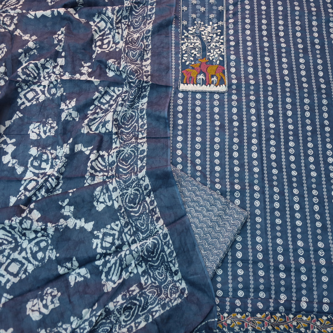 Saajna Royal Blue Organza Deer Embroidery Patch Printed Cotton Suit Set